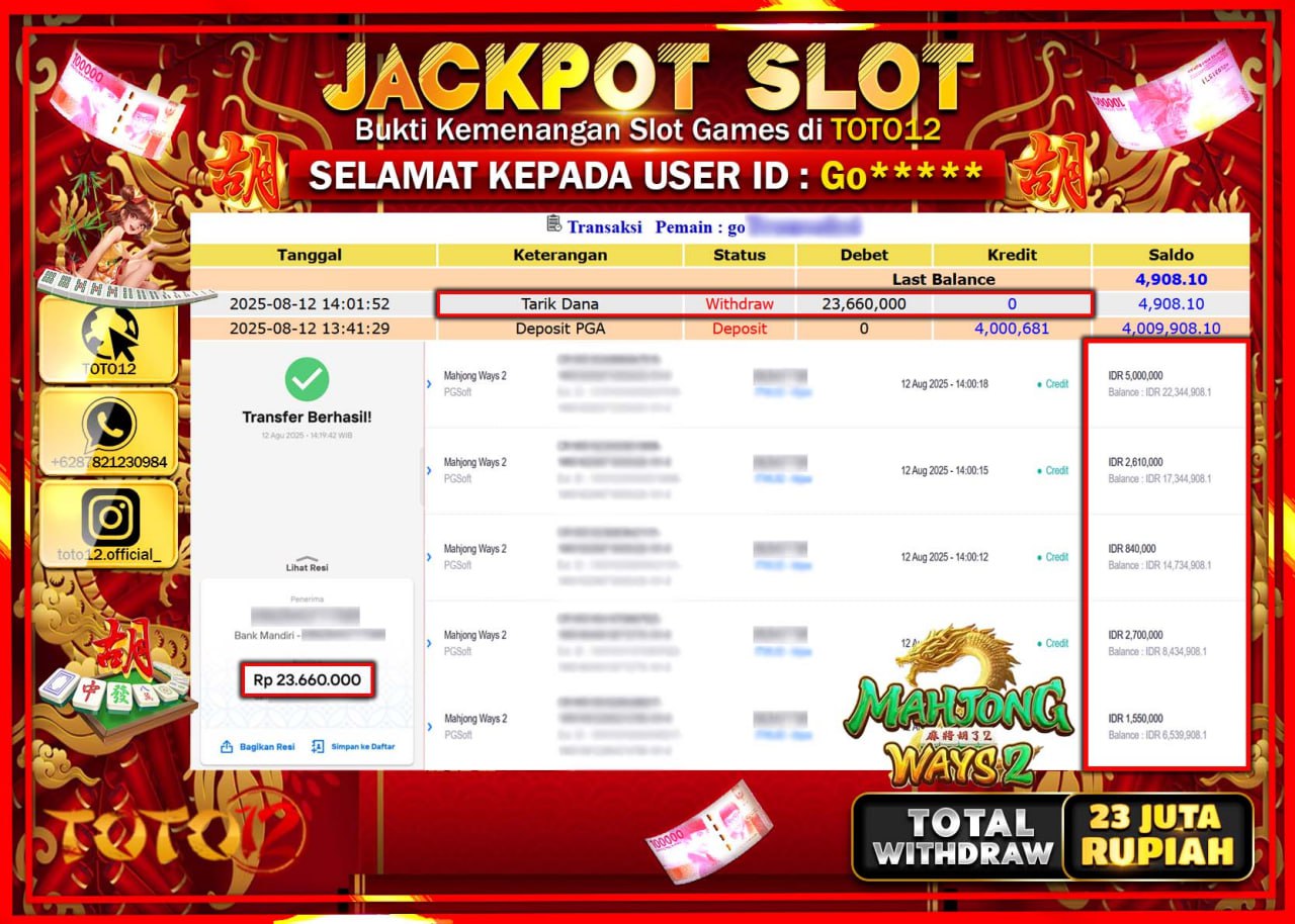 HANYA DI TOTO12 JP PASTI DI BAYAR LUNAS DAN CEPAT!!!!!! JACKPOT SLOT GAME (MAHJONG WAYS 2) Rp.23.660.000 !!!!