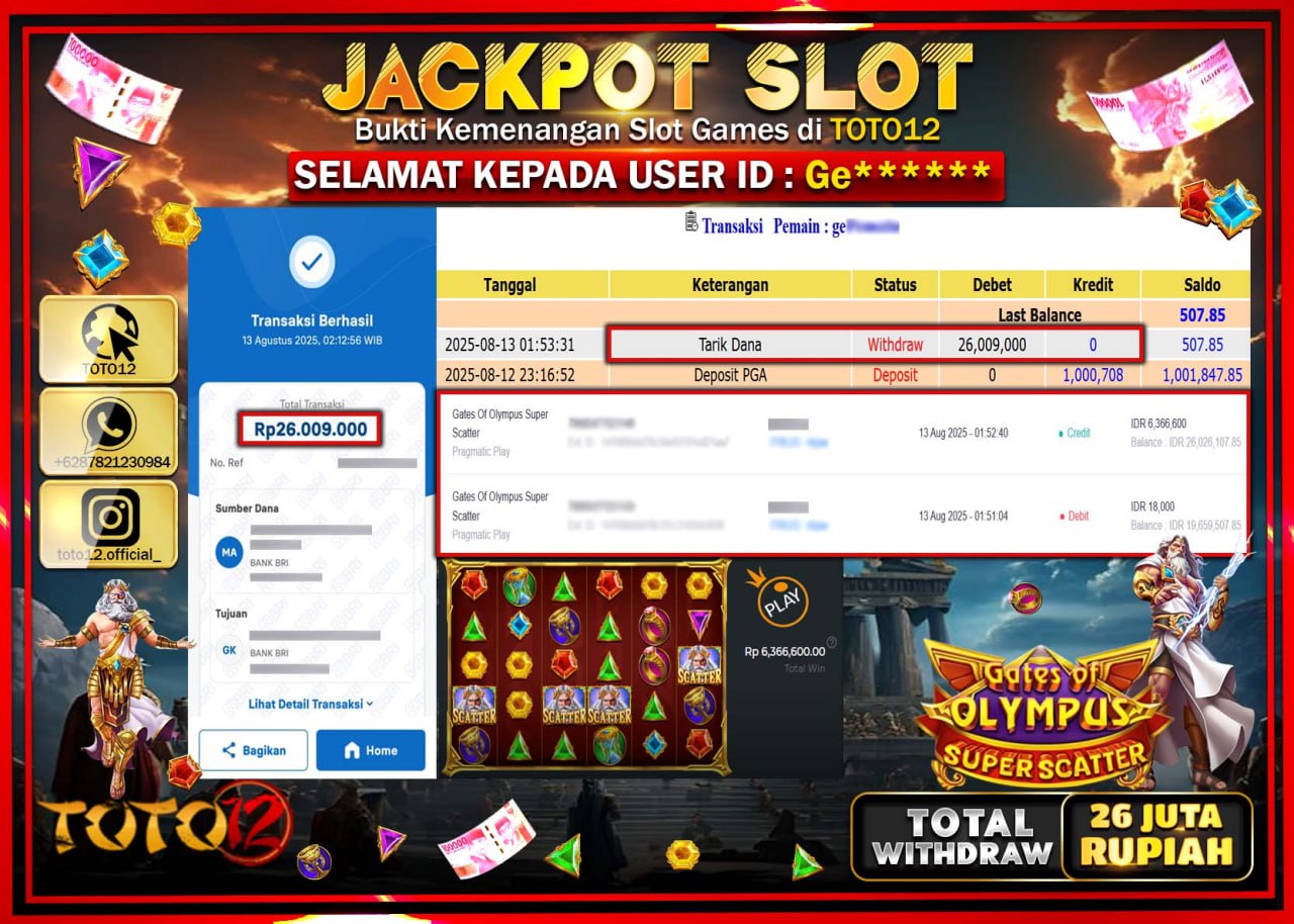 HANYA DI TOTO12 JP PASTI DI BAYAR LUNAS DAN CEPAT!!!!!! JACKPOT SLOT GAME (GATES OF OLYMPUS SUPER SCATTER) Rp.26.009.000 !!!!
