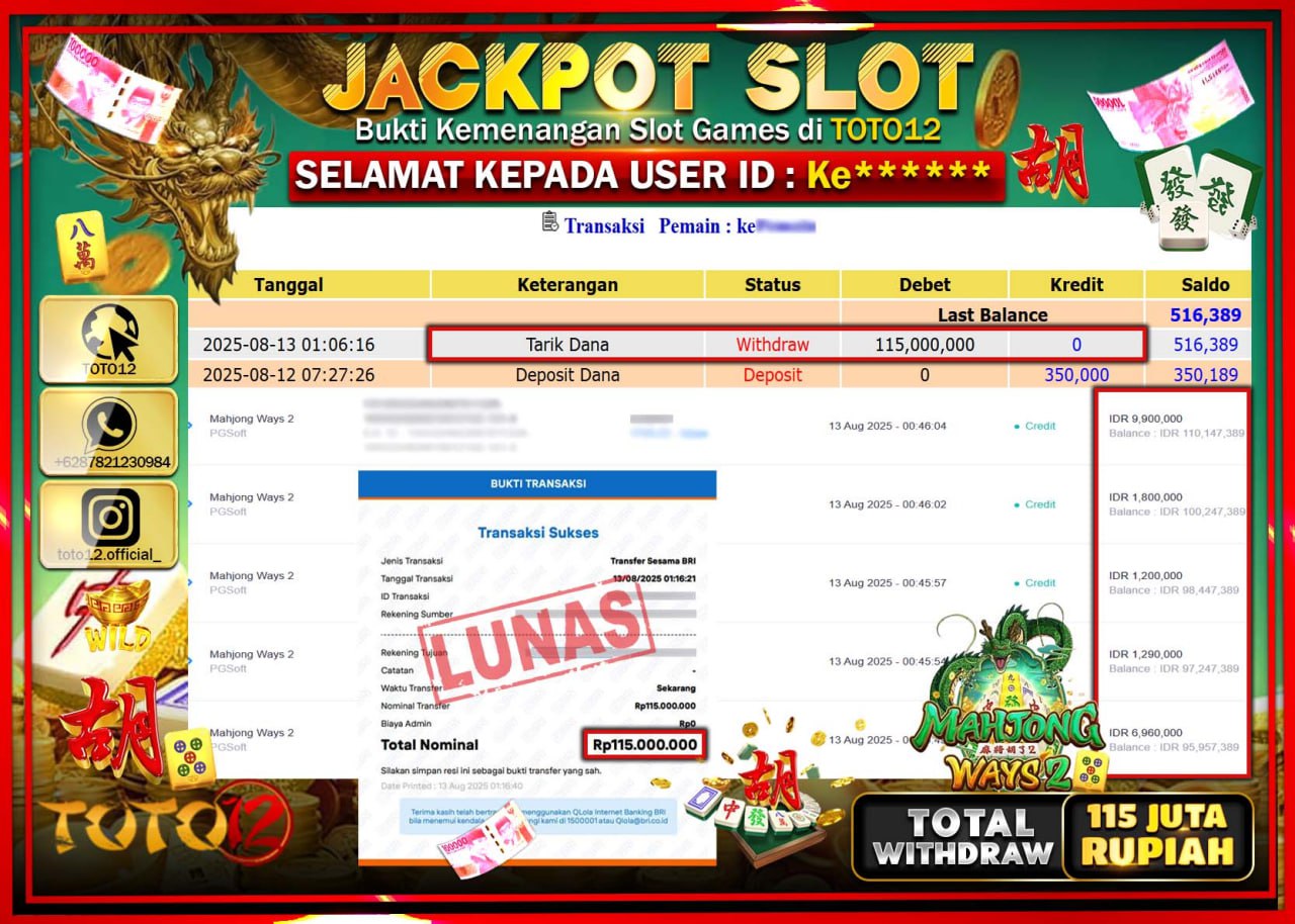 HANYA DI TOTO12 JP PASTI DI BAYAR LUNAS DAN CEPAT!!!!!! JACKPOT SLOT GAME (MAHJONG WAYS 2) Rp.115.000.000 !!!!