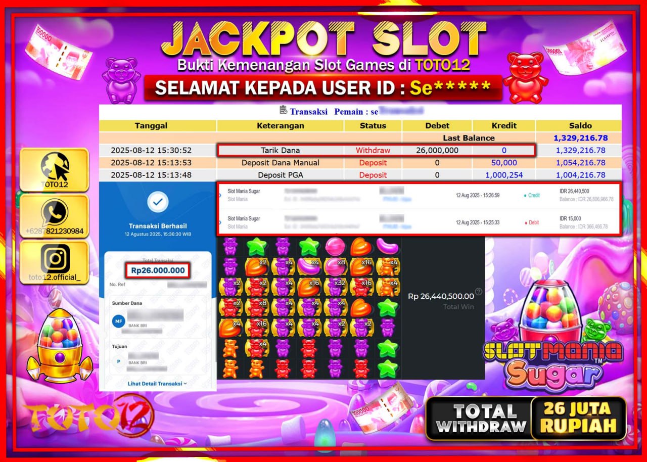 HANYA DI TOTO12 JP PASTI DI BAYAR LUNAS DAN CEPAT!!!!!! JACKPOT SLOT GAME (SLOT MANIA SUGAR) Rp.26.000.000 !!!!