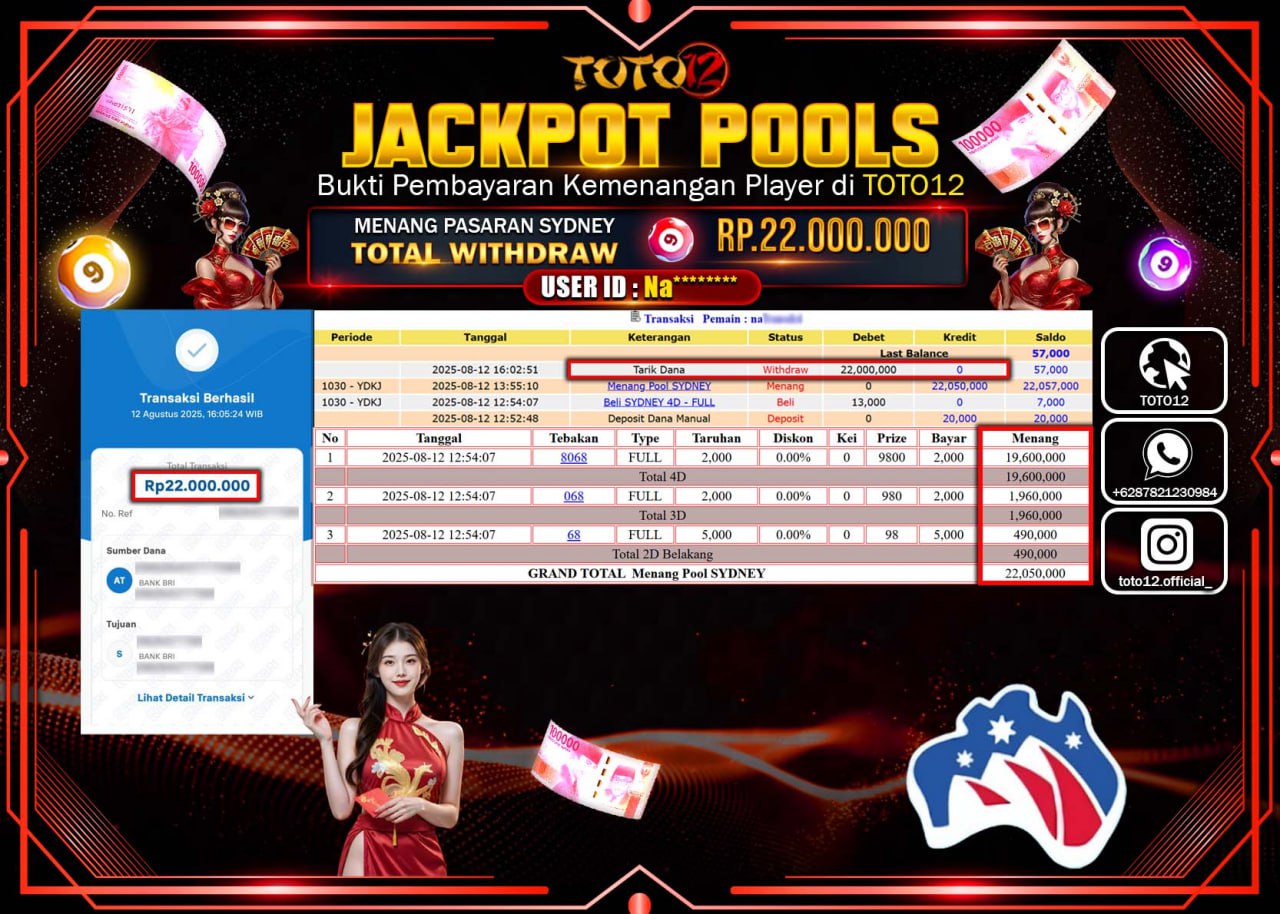 HANYA DI TOTO12 JP PASTI DI BAYAR LUNAS DAN CEPAT!!!!!! JACKPOT POOLS PASARAN (SYDNEY) Rp.22.000.000 !!!!