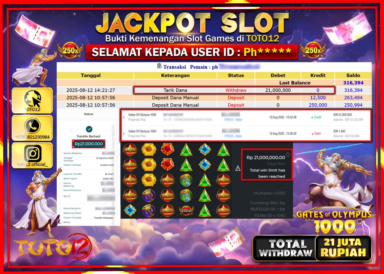 HANYA DI TOTO12 JP PASTI DI BAYAR LUNAS DAN CEPAT!!!!!! JACKPOT SLOT GAME (GATES OF OLYMPUS 1000) Rp.21.000.000 !!!!