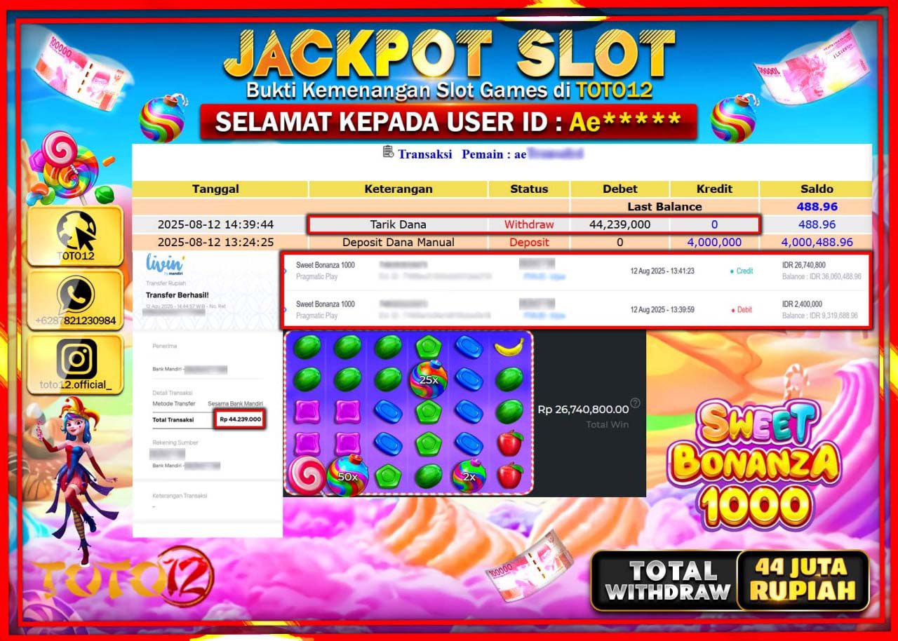 HANYA DI TOTO12 JP PASTI DI BAYAR LUNAS DAN CEPAT!!!!!! JACKPOT SLOT GAME (SWEET BONANZA 1000) Rp.44.239.000 !!!!