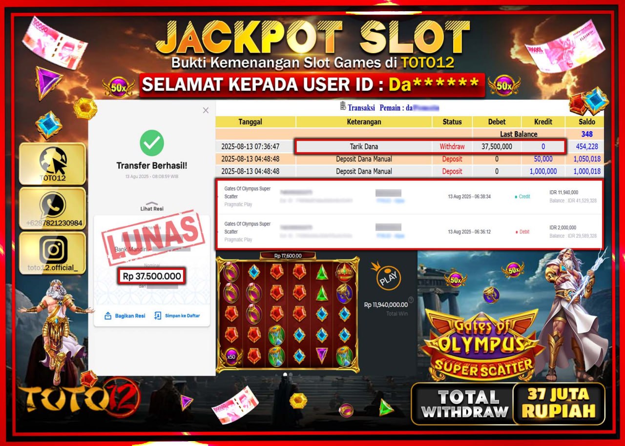 HANYA DI TOTO12 JP PASTI DI BAYAR LUNAS DAN CEPAT!!!!!! JACKPOT SLOT GAME (GATES OF OLYMPUS SUPER SCATTER) Rp.37.000.000 !!!!