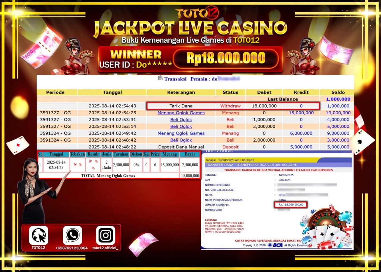 HANYA DI TOTO12 JP PASTI DI BAYAR LUNAS DAN CEPAT!!!!!! JACKPOT LIVE CASINO (OGLOK) Rp.18.000.000 !!!!