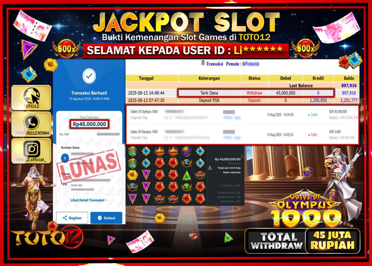 HANYA DI TOTO12 JP PASTI DI BAYAR LUNAS DAN CEPAT!!!!!! JACKPOT SLOT GAME (GATES OF OLYMPUS 1000) Rp.45.000.000 !!!!