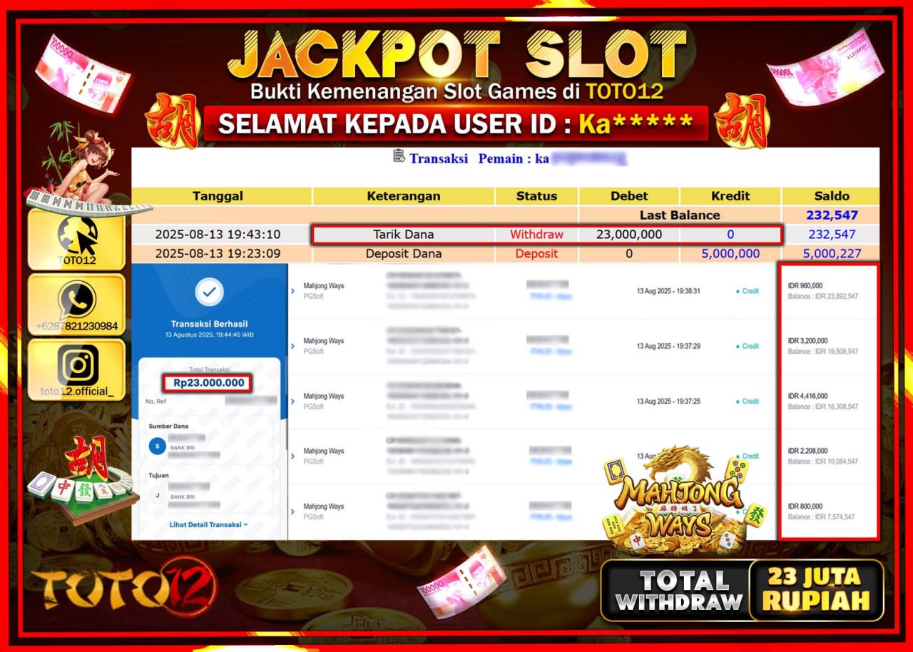 HANYA DI TOTO12 JP PASTI DI BAYAR LUNAS DAN CEPAT!!!!!! JACKPOT SLOT GAME (MAHJONG WAYS) Rp.23.000.000 !!!!