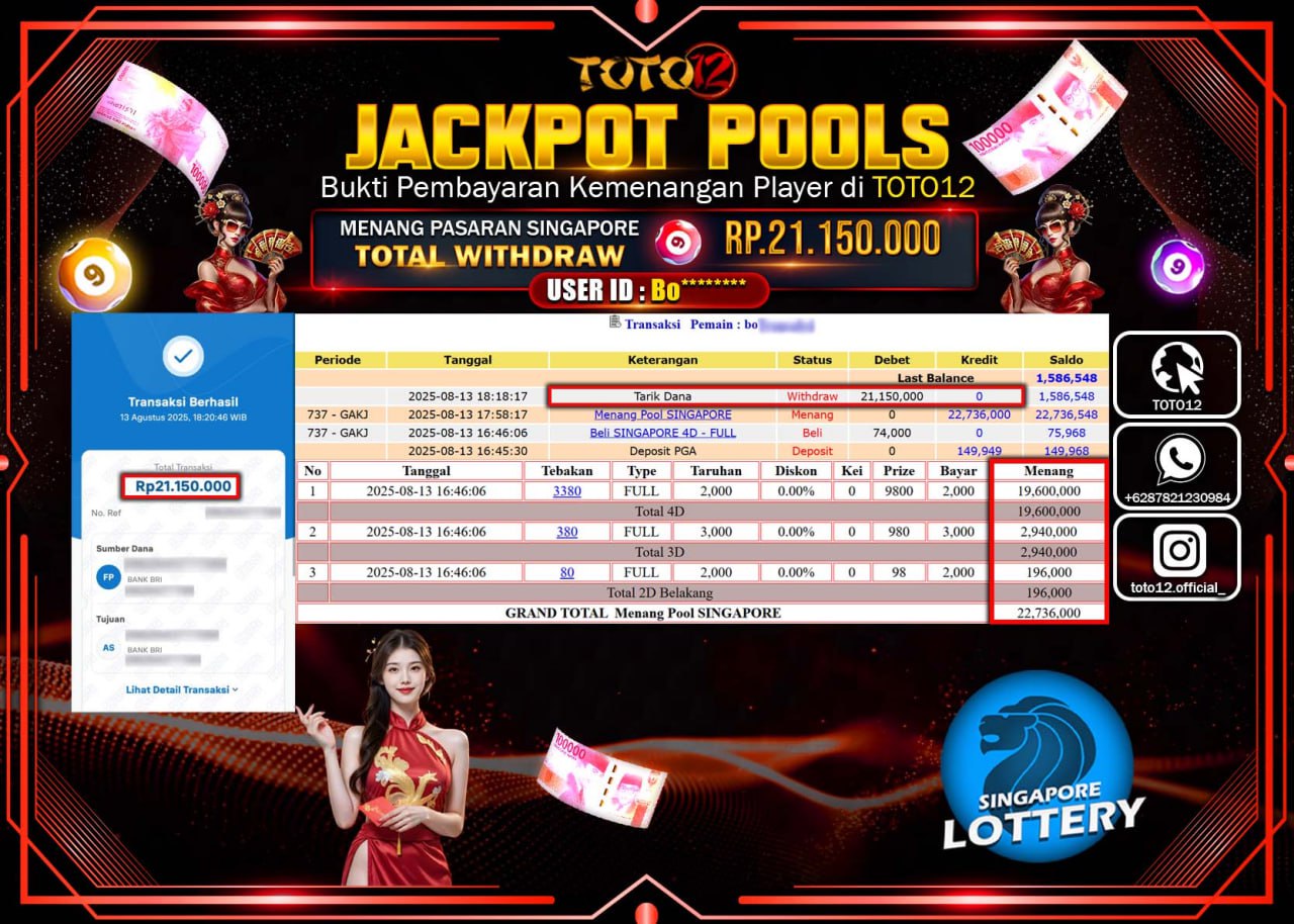 HANYA DI TOTO12 JP PASTI DI BAYAR LUNAS DAN CEPAT!!!!!! JACKPOT POOLS PASARAN (SINGAPORE) Rp.21.150.000 !!!!