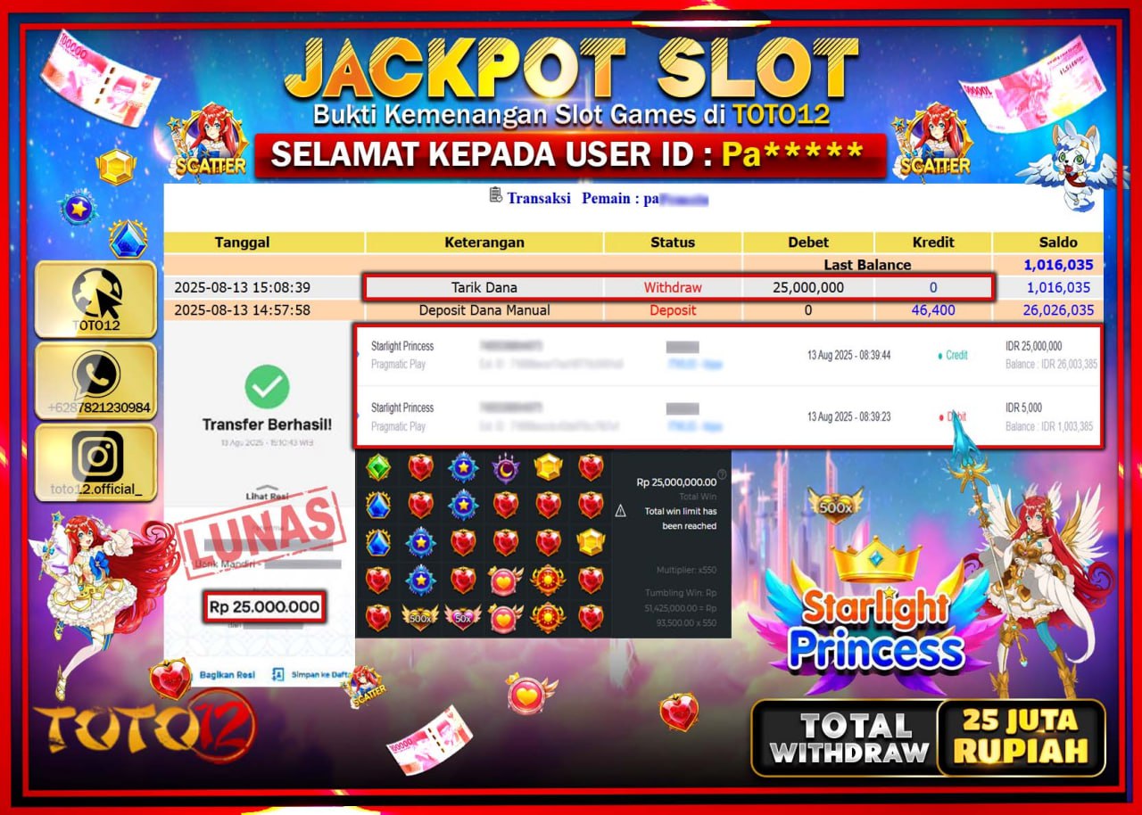 HANYA DI TOTO12 JP PASTI DI BAYAR LUNAS DAN CEPAT!!!!!! JACKPOT SLOT GAME (STARLIGHT PRINCESS) Rp.25.000.000 !!!!