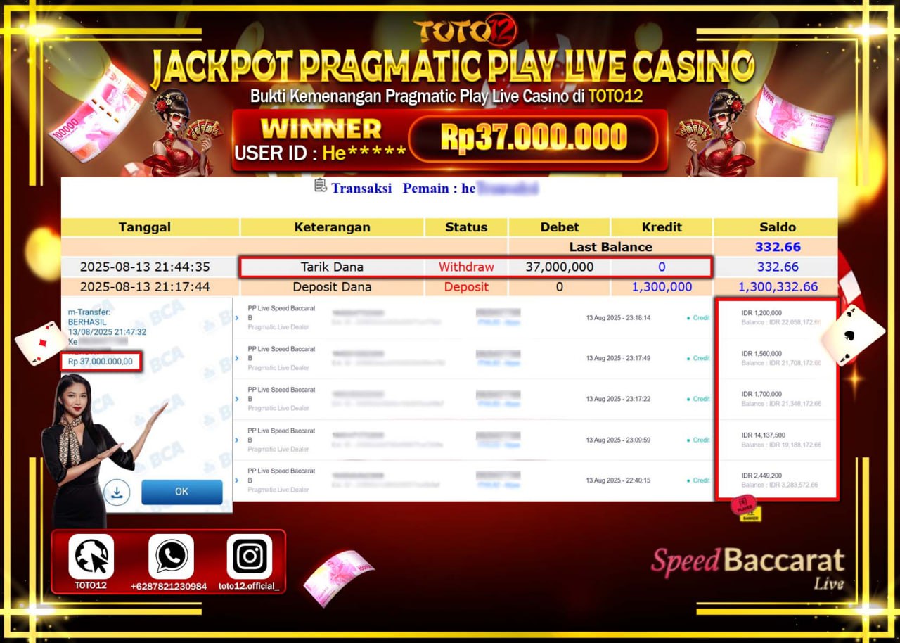 HANYA DI TOTO12 JP PASTI DI BAYAR LUNAS DAN CEPAT!!!!!! JACKPOT PRAGMATIC PLAY LIVE CASINO (SPEED BACCARAT) Rp.37.000.000 !!!!