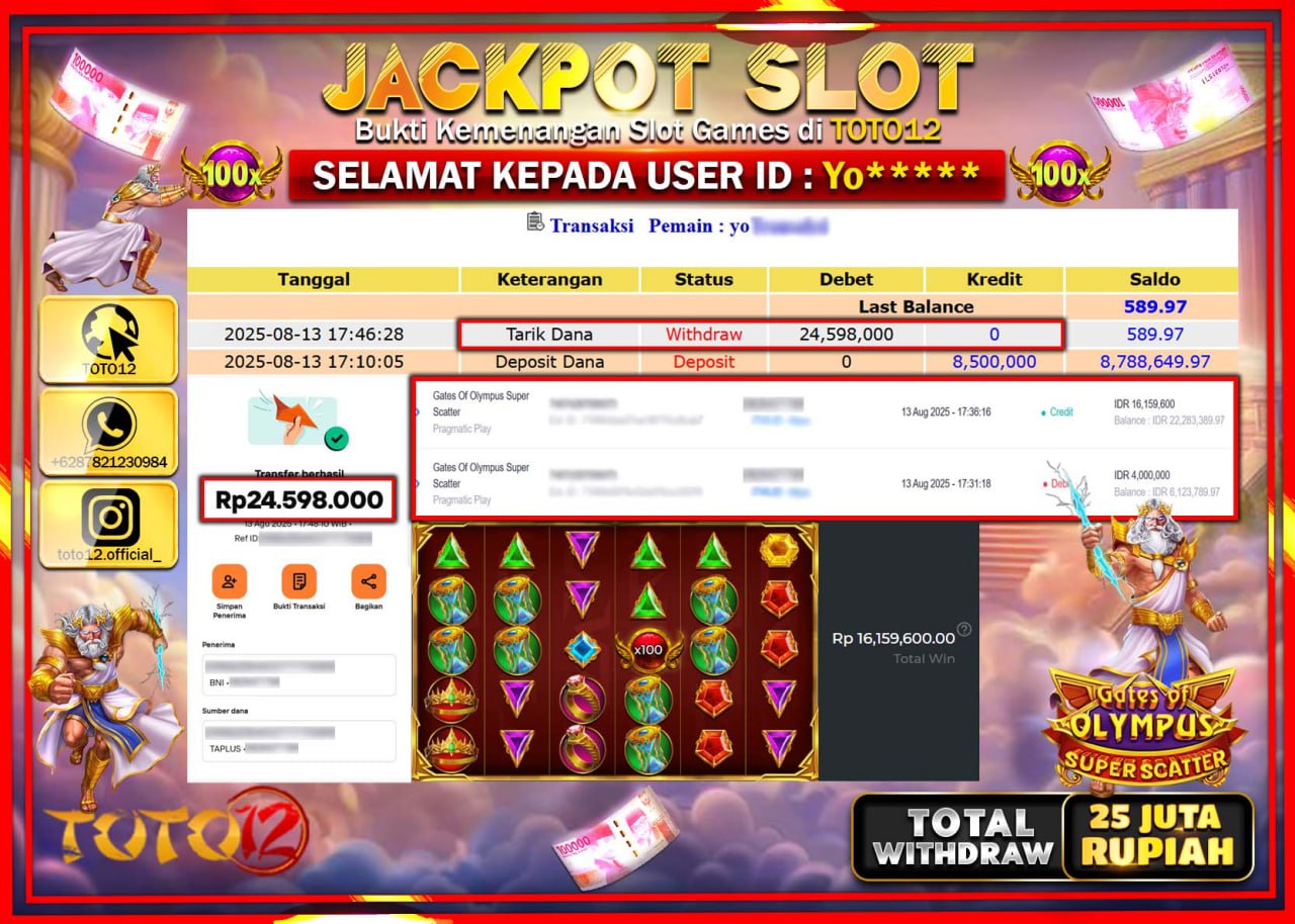 HANYA DI TOTO12 JP PASTI DI BAYAR LUNAS DAN CEPAT!!!!!! JACKPOT SLOT GAME (GATES OF OLYMPUS SUPER SCATTER) Rp.25.000.000 !!!!