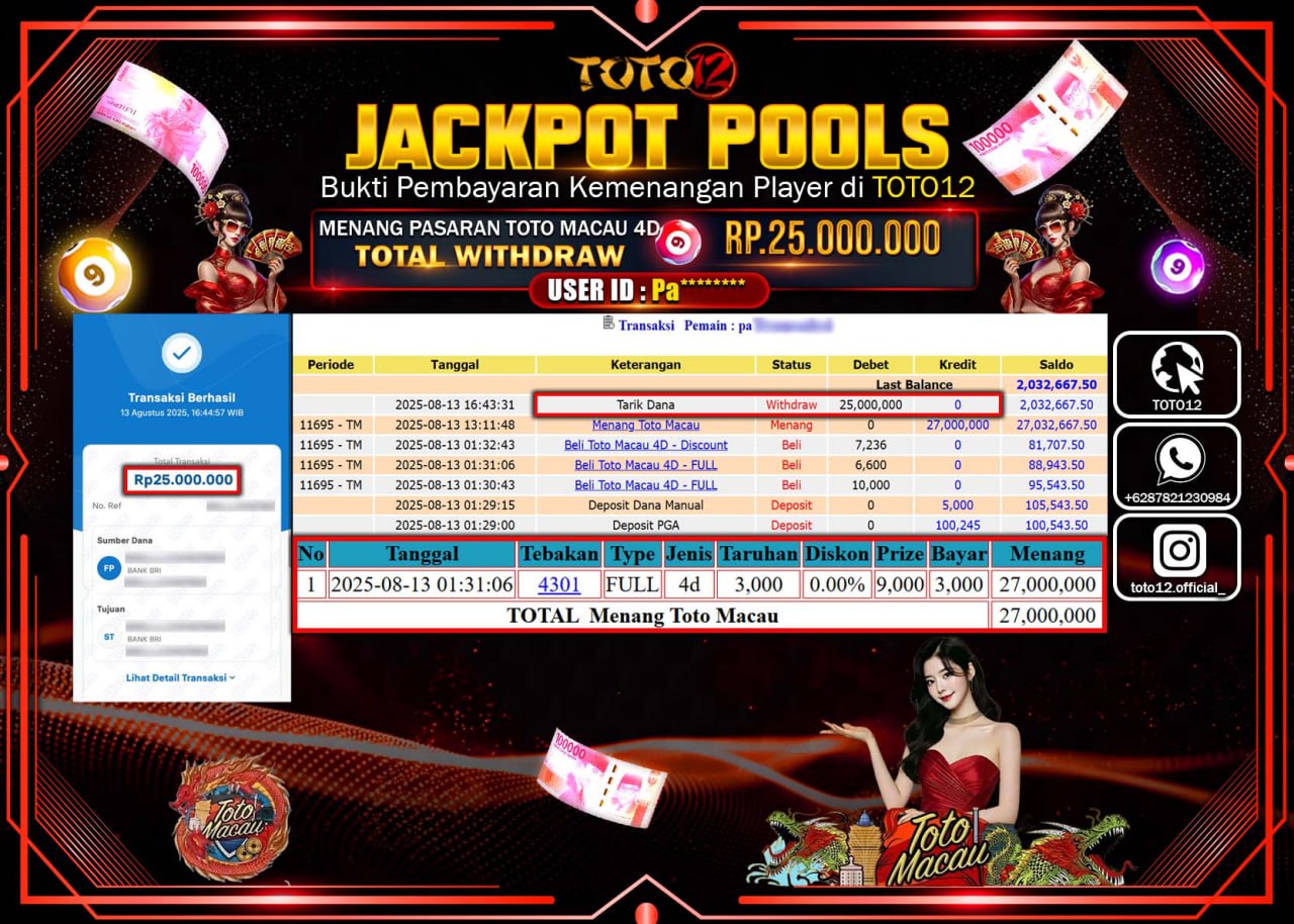 HANYA DI TOTO12 JP PASTI DI BAYAR LUNAS DAN CEPAT!!!!!! JACKPOT POOLS PASARAN (MACAU 4D) Rp.25.000.000 !!!!