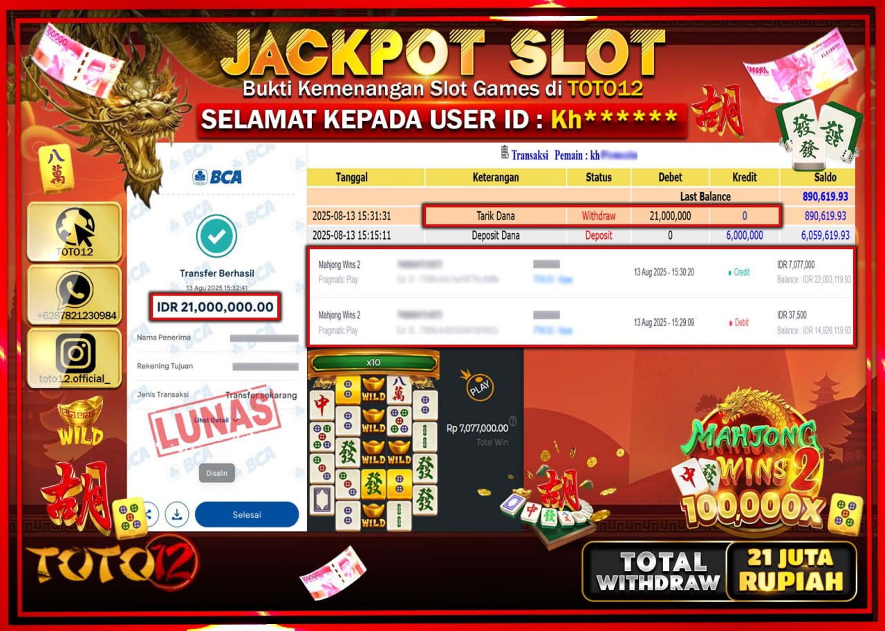 HANYA DI TOTO12 JP PASTI DI BAYAR LUNAS DAN CEPAT!!!!!! JACKPOT SLOT GAME (MAHJONG WINS 2) Rp.21.000.000 !!!!