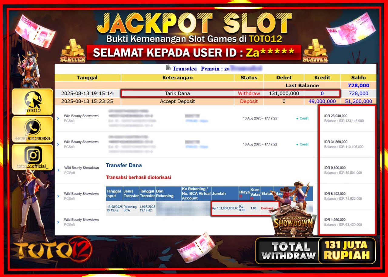 HANYA DI TOTO12 JP PASTI DI BAYAR LUNAS DAN CEPAT!!!!!! JACKPOT SLOT GAME (WILD BOUNTY SHOWDOWN) Rp.131.000.000 !!!!