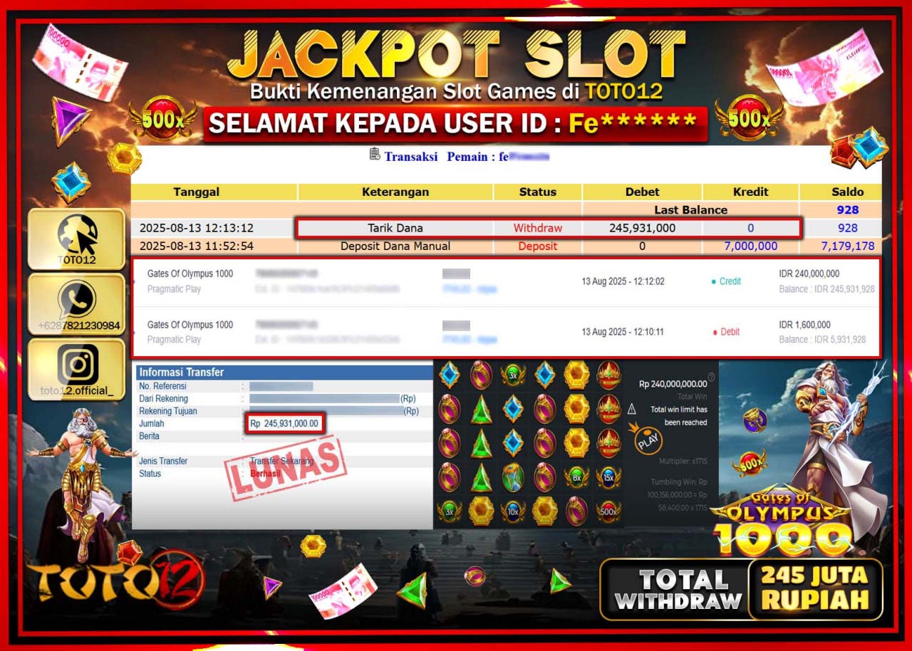 HANYA DI TOTO12 JP PASTI DI BAYAR LUNAS DAN CEPAT!!!!!! JACKPOT SLOT GAME (GATES OF OLYMPUS 1000) Rp.245.931.000 !!!!