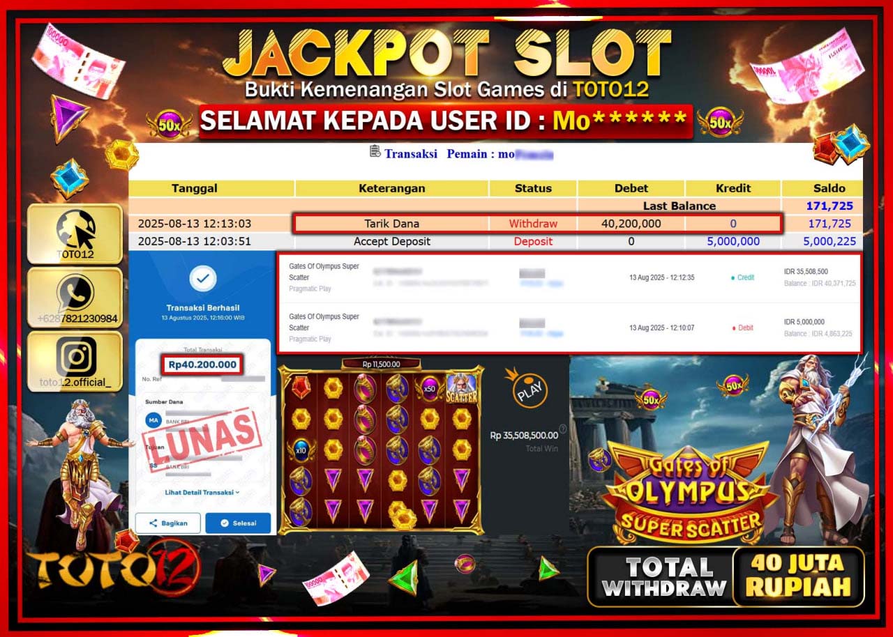 HANYA DI TOTO12 JP PASTI DI BAYAR LUNAS DAN CEPAT!!!!!! JACKPOT SLOT GAME (GATES OF OLYMPUS SUPER SCATTER) Rp.40.200.000 !!!!