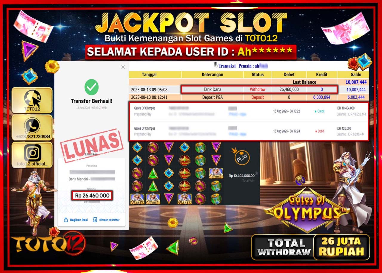 HANYA DI TOTO12 JP PASTI DI BAYAR LUNAS DAN CEPAT!!!!!! JACKPOT SLOT GAME (GATES OF OLYMPUS) Rp.26.000.000 !!!!