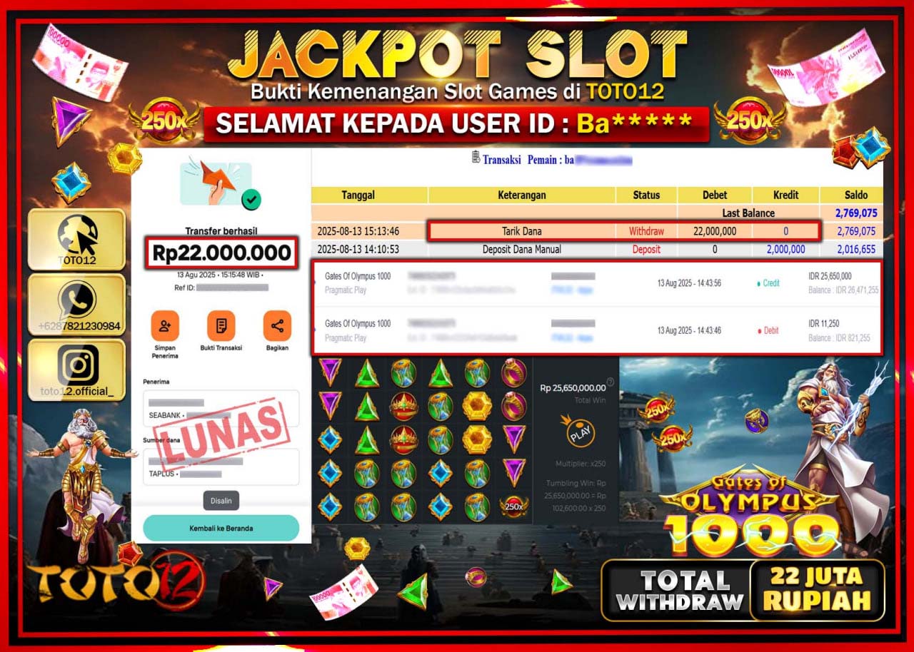 HANYA DI TOTO12 JP PASTI DI BAYAR LUNAS DAN CEPAT!!!!!! JACKPOT SLOT GAME (GATES OF OLYMPUS 1000) Rp.22.000.000 !!!!