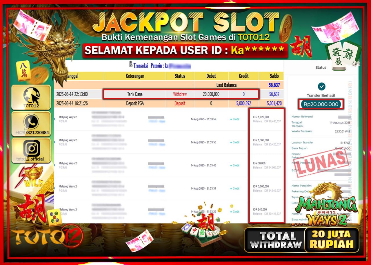 HANYA DI TOTO12 JP PASTI DI BAYAR LUNAS DAN CEPAT!!!!!! JACKPOT SLOT GAME (MAHJONG WAYS 2) Rp.20.000.000 !!!!