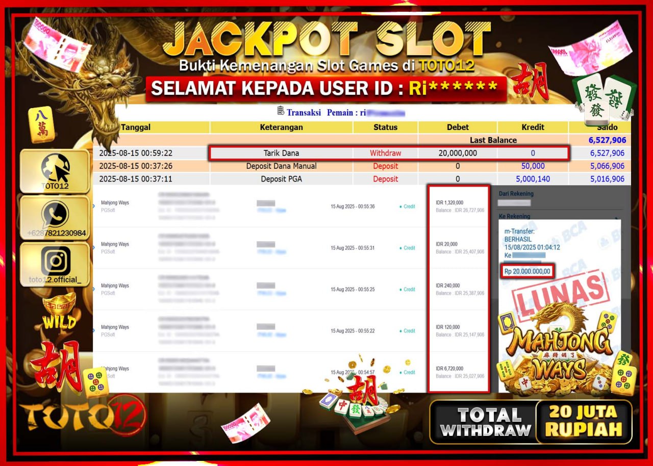 HANYA DI TOTO12 JP PASTI DI BAYAR LUNAS DAN CEPAT!!!!!! JACKPOT SLOT GAME (MAHJONG WAYS) Rp.20.000.000 !!!!