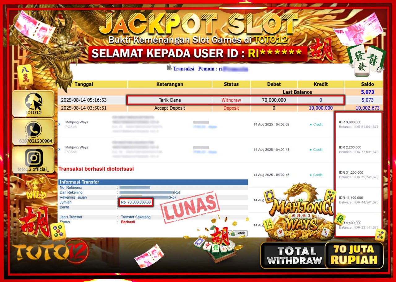 HANYA DI TOTO12 JP PASTI DI BAYAR LUNAS DAN CEPAT!!!!!! JACKPOT SLOT GAME (MAHJONG WAYS) Rp.70.000.000 !!!!