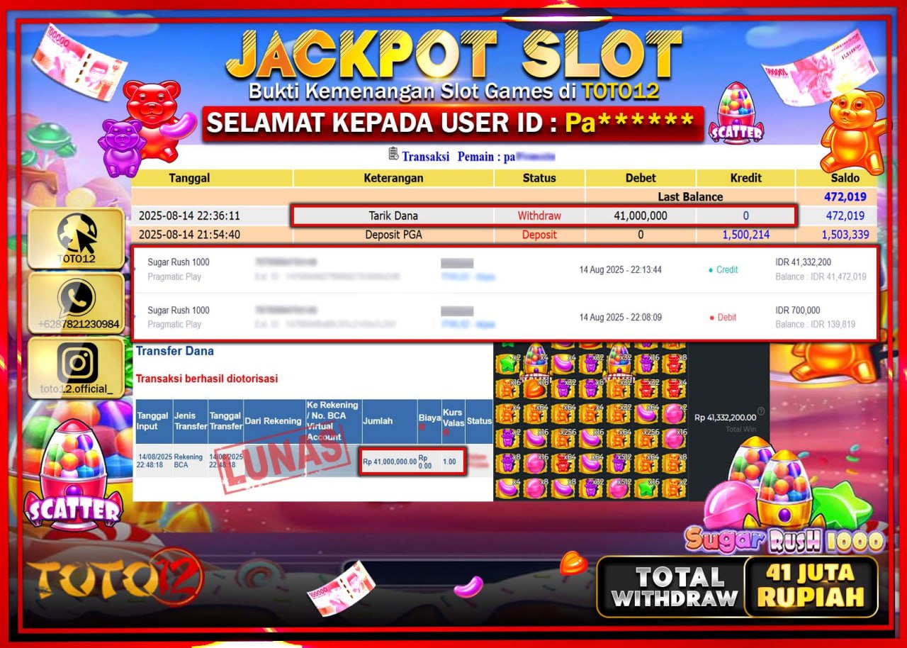 HANYA DI TOTO12 JP PASTI DI BAYAR LUNAS DAN CEPAT!!!!!! JACKPOT SLOT GAME (SUGAR RUSH 1000) Rp.41.000.000 !!!!