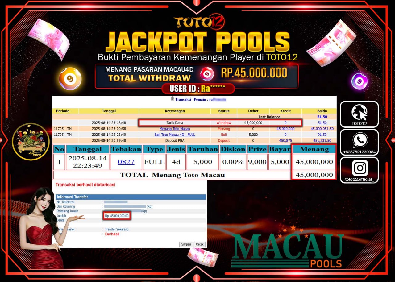HANYA DI TOTO12 JP PASTI DI BAYAR LUNAS DAN CEPAT!!!!!! JACKPOT POOLS PASARAN (MACAU 4D) Rp.45.000.000 !!!!