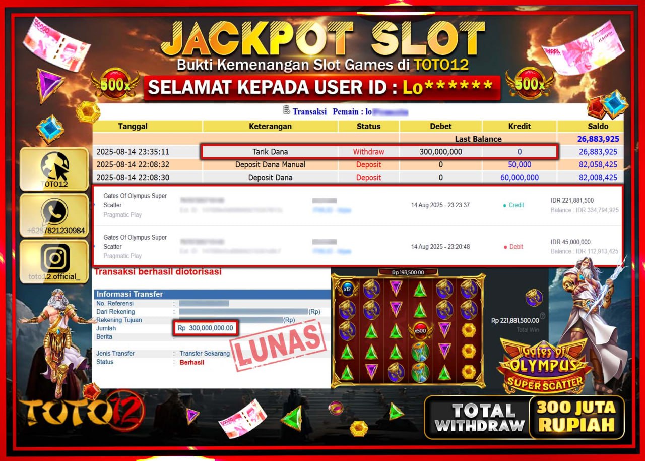 HANYA DI TOTO12 JP PASTI DI BAYAR LUNAS DAN CEPAT!!!!!! JACKPOT SLOT GAME (GATES OF OLYMPUS SUPER SCATTER) Rp.300.000.000 !!!!