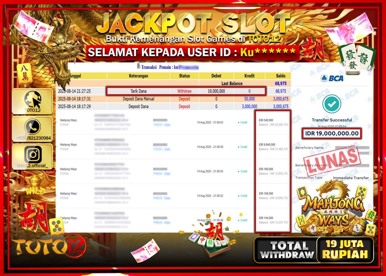 HANYA DI TOTO12 JP PASTI DI BAYAR LUNAS DAN CEPAT!!!!!! JACKPOT SLOT GAME (MAHJONG WAYS) Rp.19.000.000 !!!!