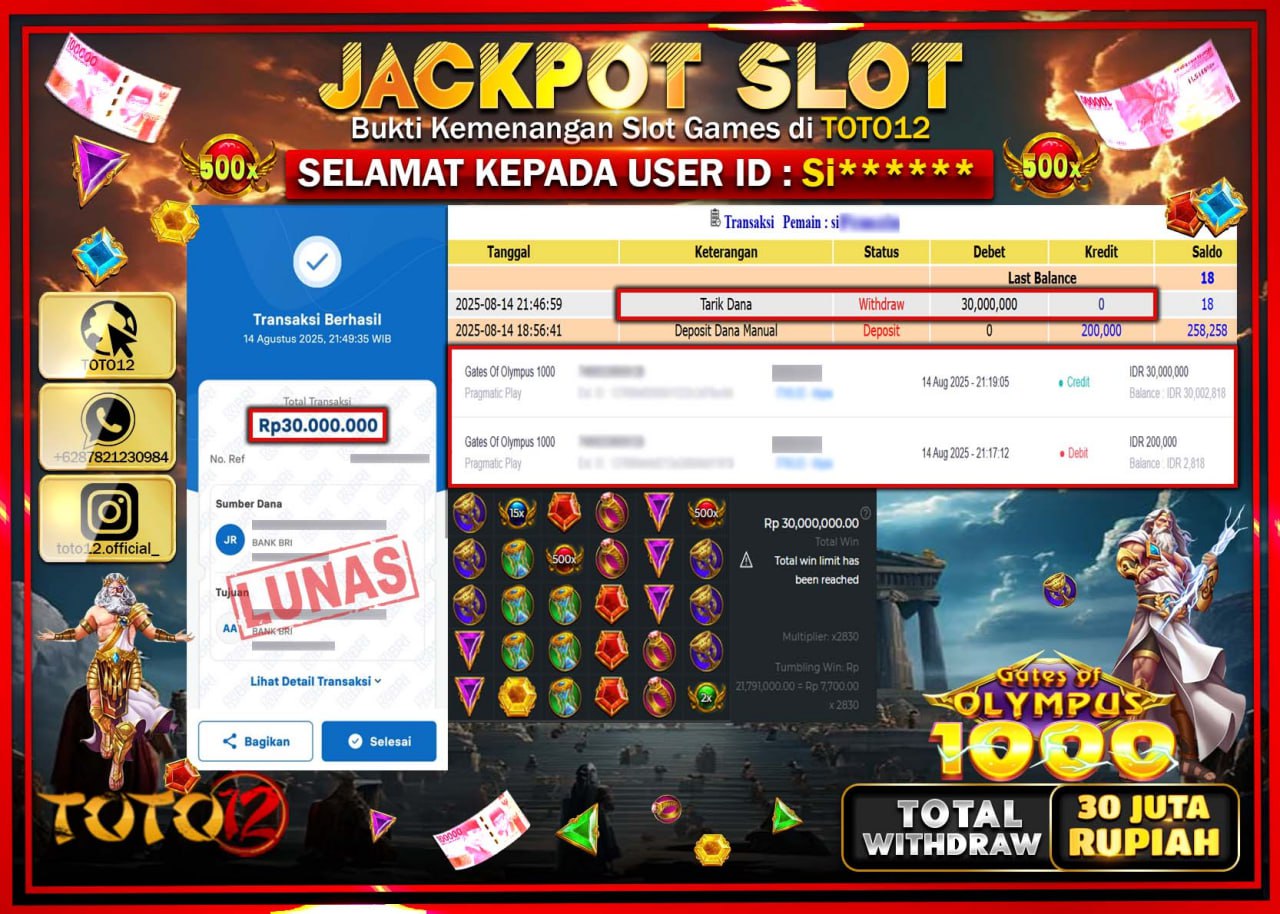 HANYA DI TOTO12 JP PASTI DI BAYAR LUNAS DAN CEPAT!!!!!! JACKPOT SLOT GAME (GATES OF OLYMPUS 1000) Rp.30.000.000 !!!!