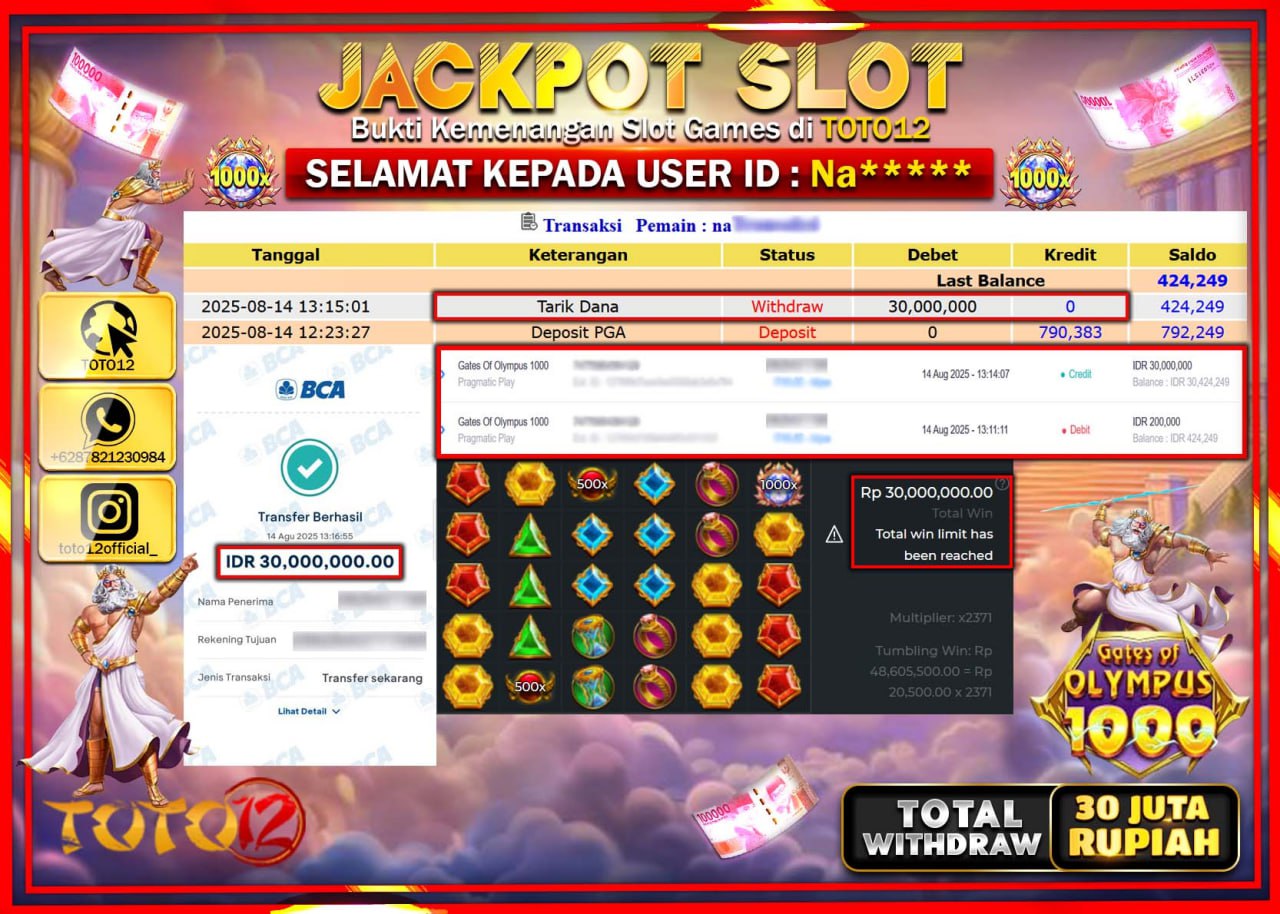 HANYA DI TOTO12 JP PASTI DI BAYAR LUNAS DAN CEPAT!!!!!! JACKPOT SLOT GAME (GATES OF OLYMPUS 1000) Rp.30.000.000 !!!!