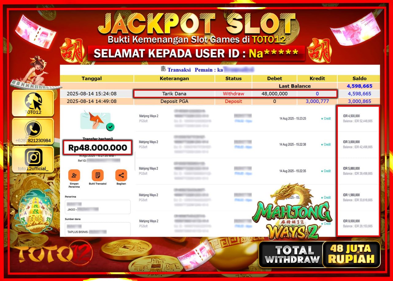 HANYA DI TOTO12 JP PASTI DI BAYAR LUNAS DAN CEPAT!!!!!! JACKPOT SLOT GAME (MAHJONG WAYS 2) Rp.48.000.000 !!!!