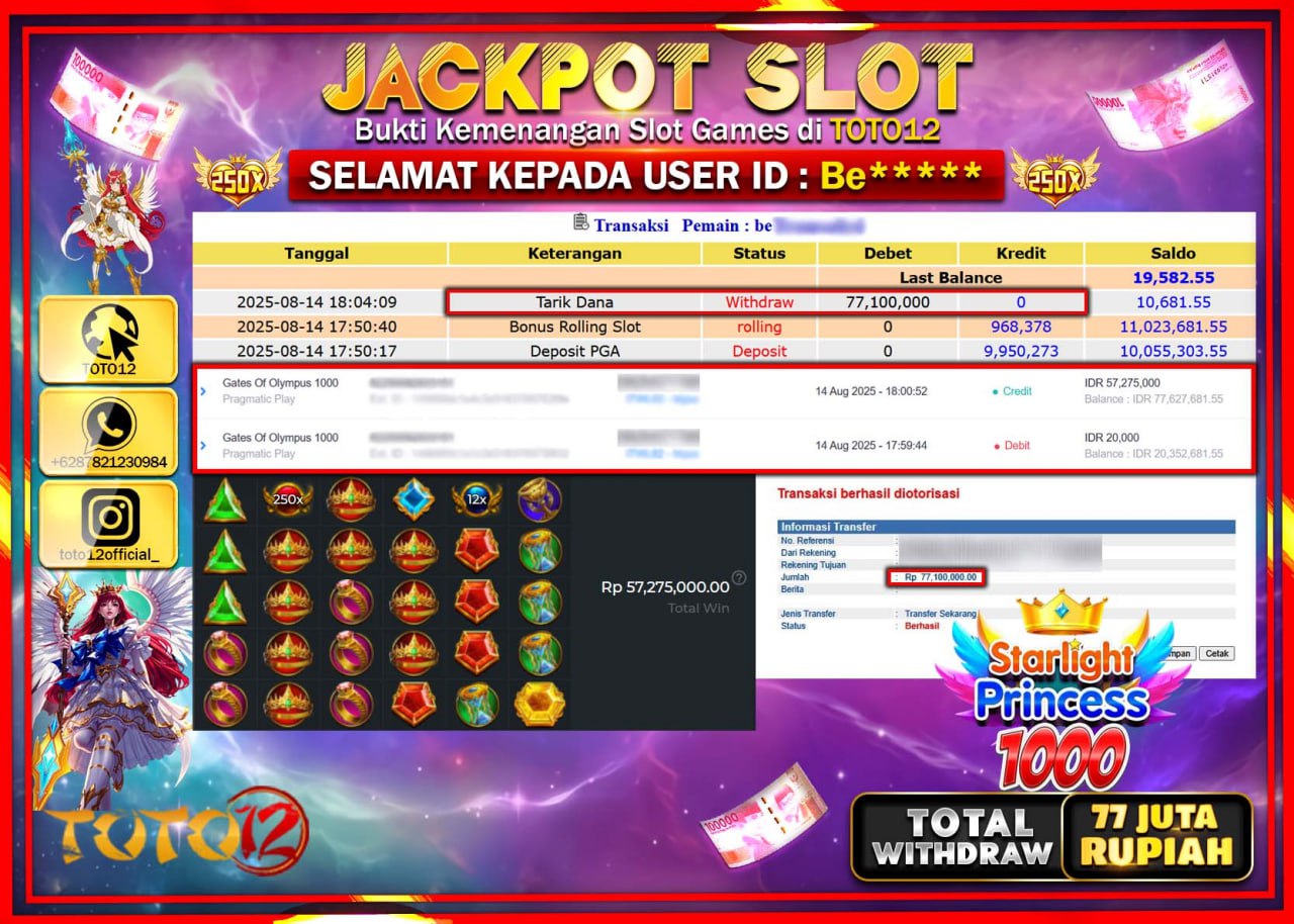 HANYA DI TOTO12 JP PASTI DI BAYAR LUNAS DAN CEPAT!!!!!! JACKPOT SLOT GAME (STARLIGHT PRINCESS 1000) Rp.77.100.000 !!!!