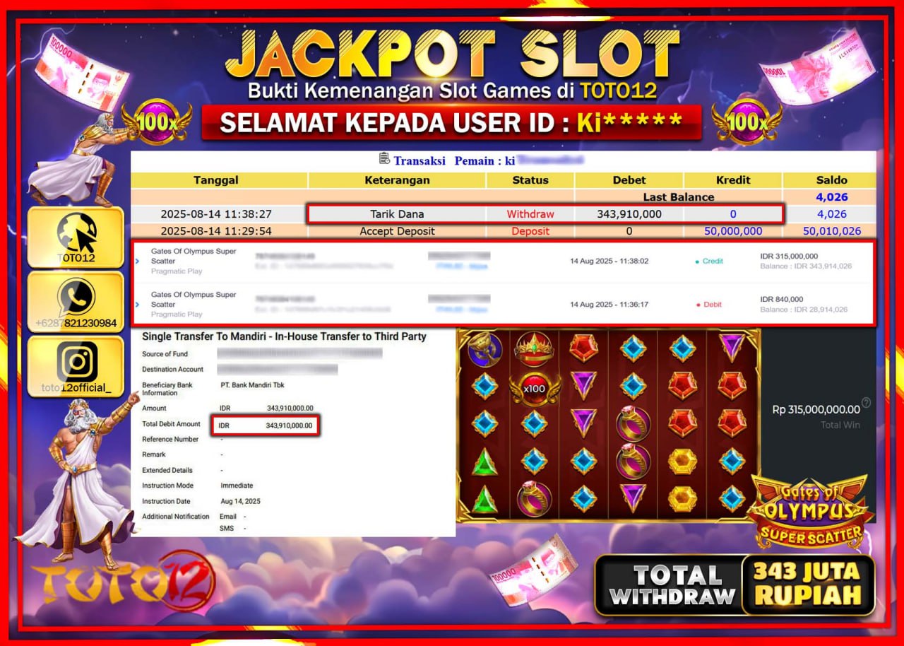 HANYA DI TOTO12 JP PASTI DI BAYAR LUNAS DAN CEPAT!!!!!! JACKPOT SLOT GAME (GATES OF OLYMPUS SUPER SCATTER) Rp.343.910.000 !!!!