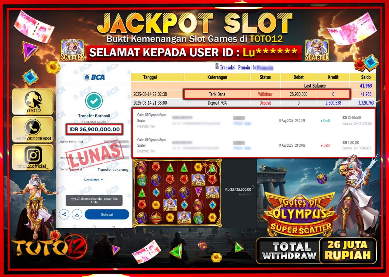 HANYA DI TOTO12 JP PASTI DI BAYAR LUNAS DAN CEPAT!!!!!! JACKPOT SLOT GAME (GATES OF OLYMPUS SUPER SCATTER) Rp.26.900.000 !!!!