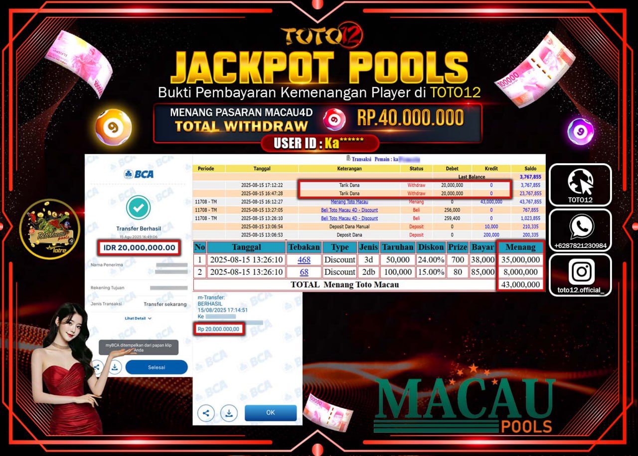 HANYA DI TOTO12 JP PASTI DI BAYAR LUNAS DAN CEPAT!!!!!! JACKPOT POOLS PASARAN (MACAU 4D) Rp.40.000.000 !!!!