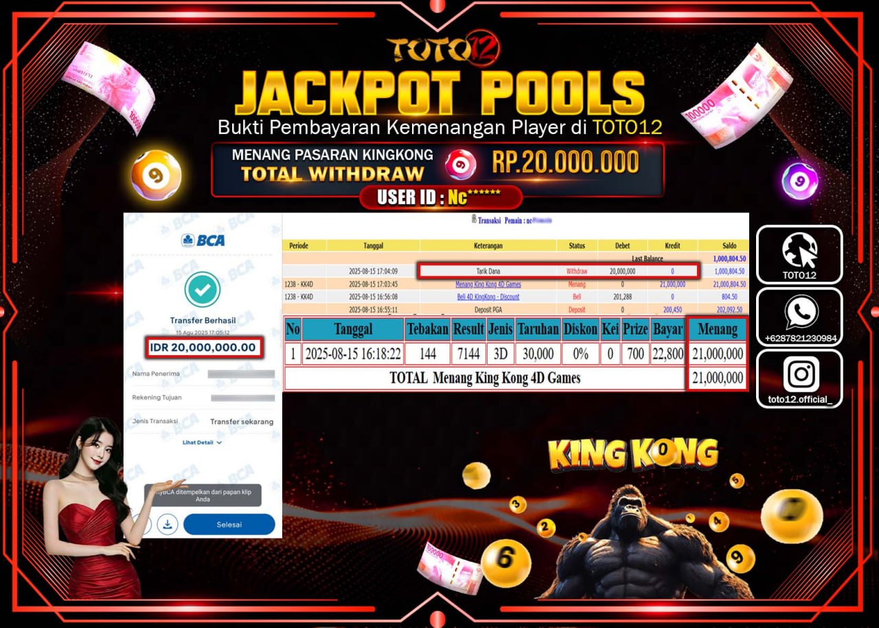 HANYA DI TOTO12 JP PASTI DI BAYAR LUNAS DAN CEPAT!!!!!! JACKPOT POOLS PASARAN (KING KONG 4D) Rp.20.000.000 !!!!