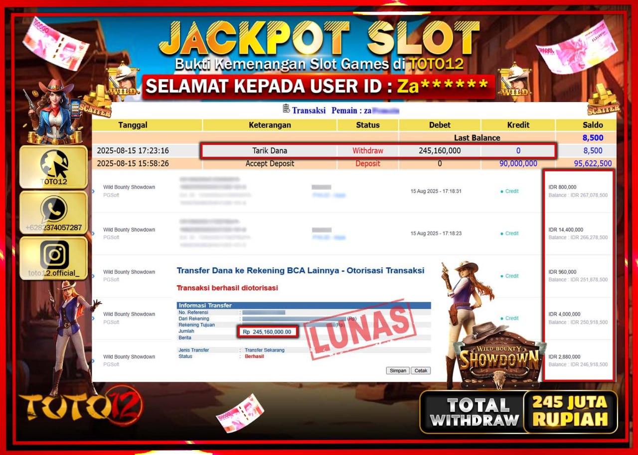 HANYA DI TOTO12 JP PASTI DI BAYAR LUNAS DAN CEPAT!!!!!! JACKPOT SLOT GAME (WILD BOUNTY SHOWDOWN) Rp.245.160.000 !!!!