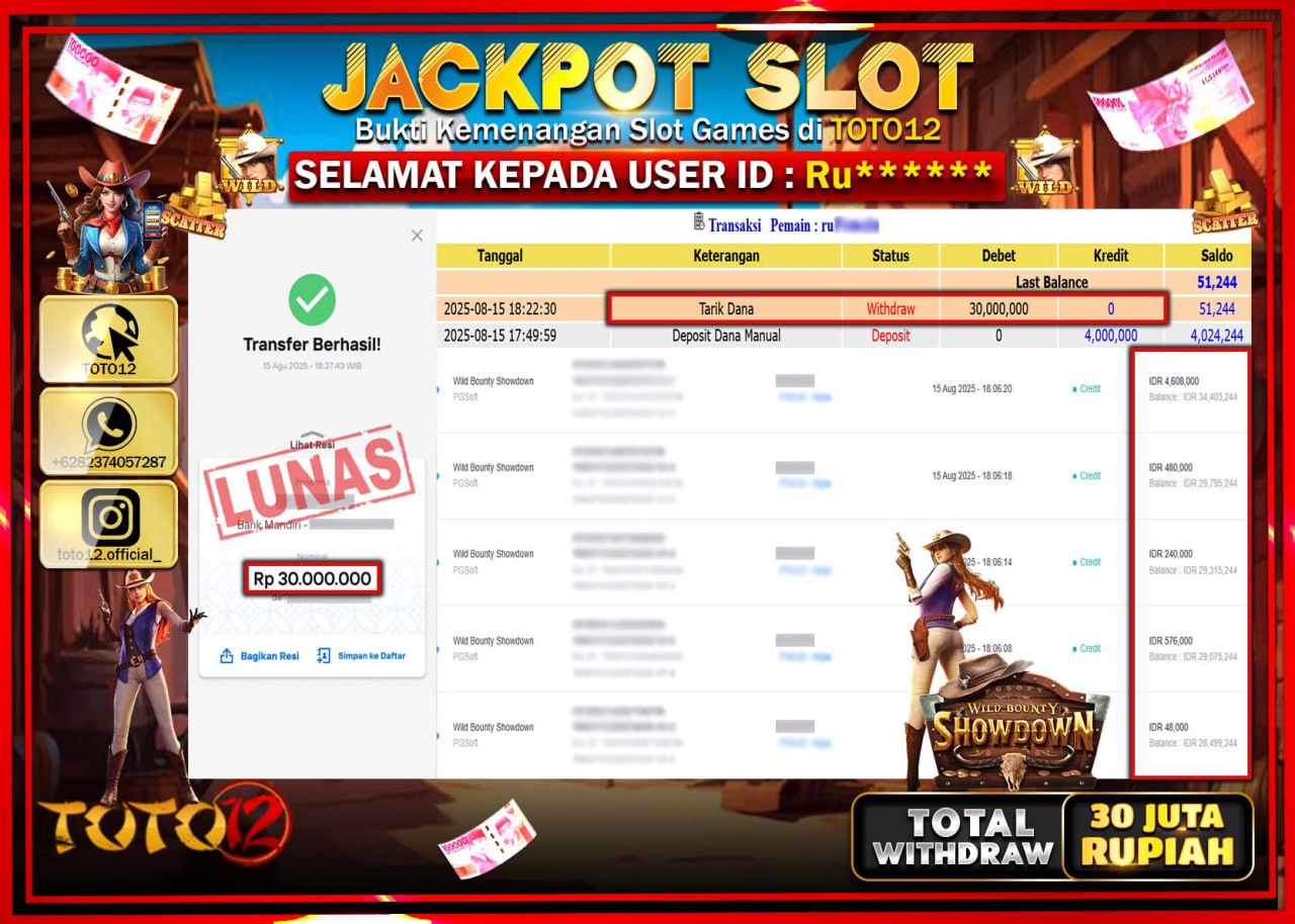 HANYA DI TOTO12 JP PASTI DI BAYAR LUNAS DAN CEPAT!!!!!! JACKPOT SLOT GAME (WILD BOUNTY SHOWDOWN) Rp.30.000.000 !!!!