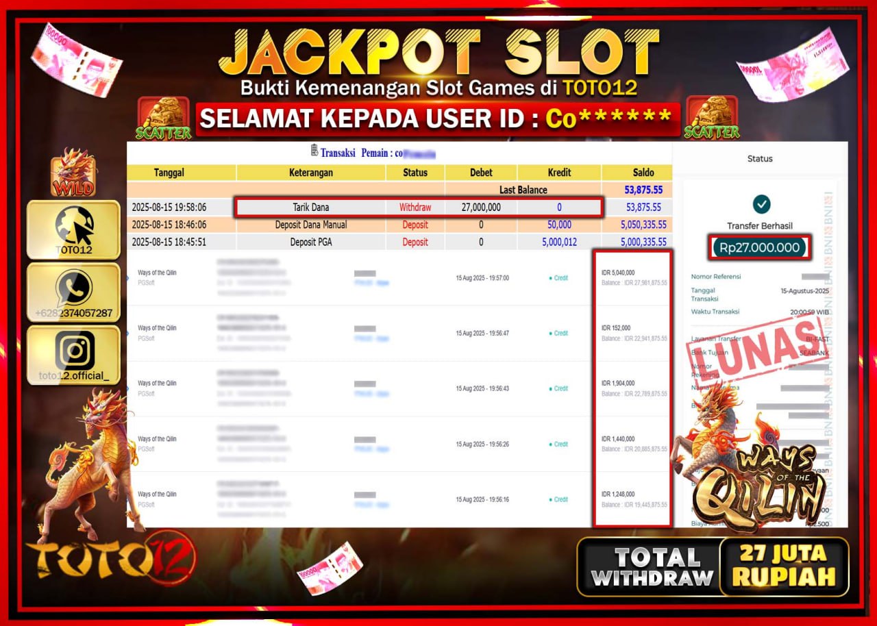 HANYA DI TOTO12 JP PASTI DI BAYAR LUNAS DAN CEPAT!!!!!! JACKPOT SLOT GAME (WAYS OF THE QILIN) Rp.27.000.000 !!!!
