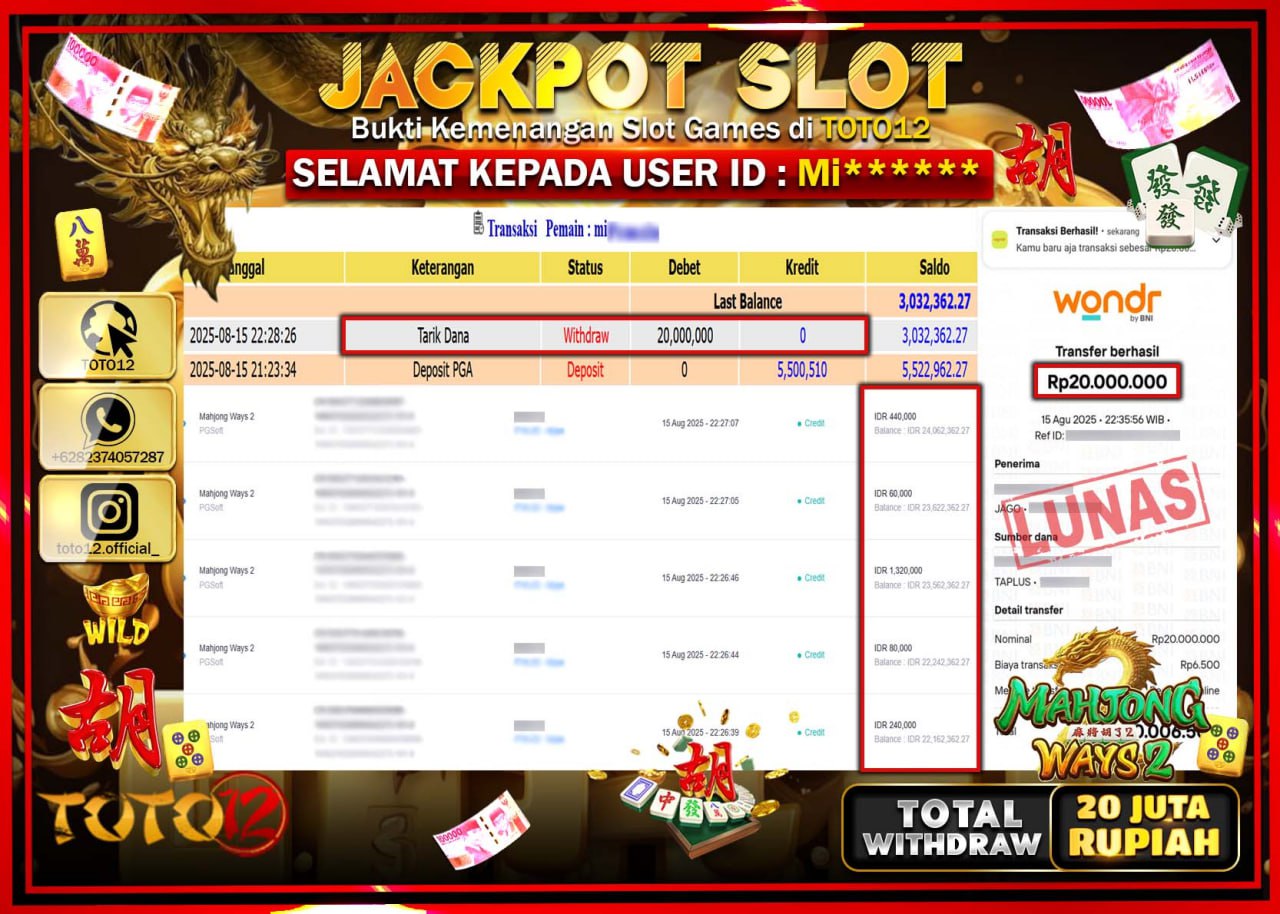HANYA DI TOTO12 JP PASTI DI BAYAR LUNAS DAN CEPAT!!!!!! JACKPOT SLOT GAME (MAHJONG WAYS 2) Rp.20.000.000 !!!!