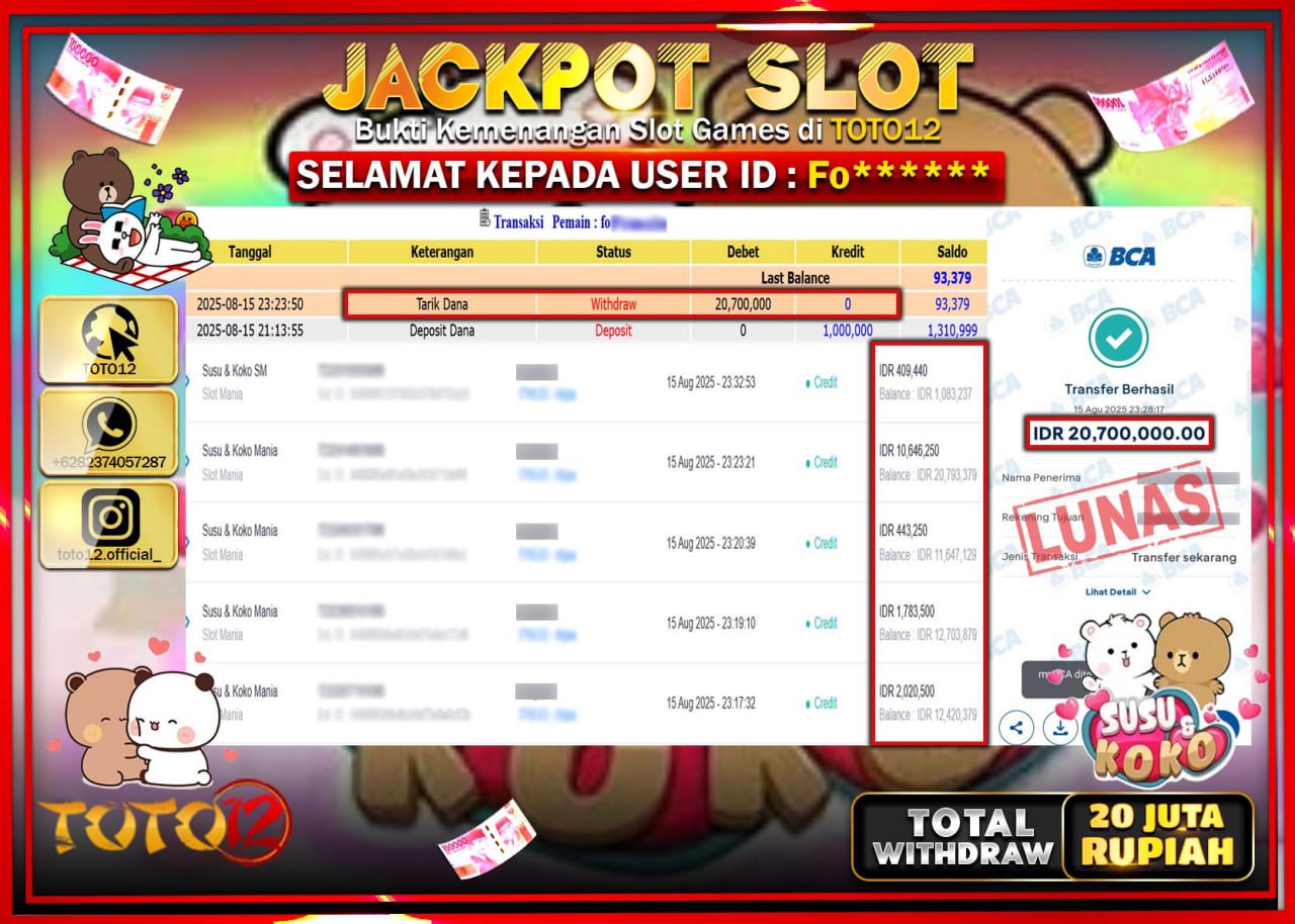 HANYA DI TOTO12 JP PASTI DI BAYAR LUNAS DAN CEPAT!!!!!! JACKPOT SLOT GAME (SUSU & KOKO) Rp.20.700.000 !!!!