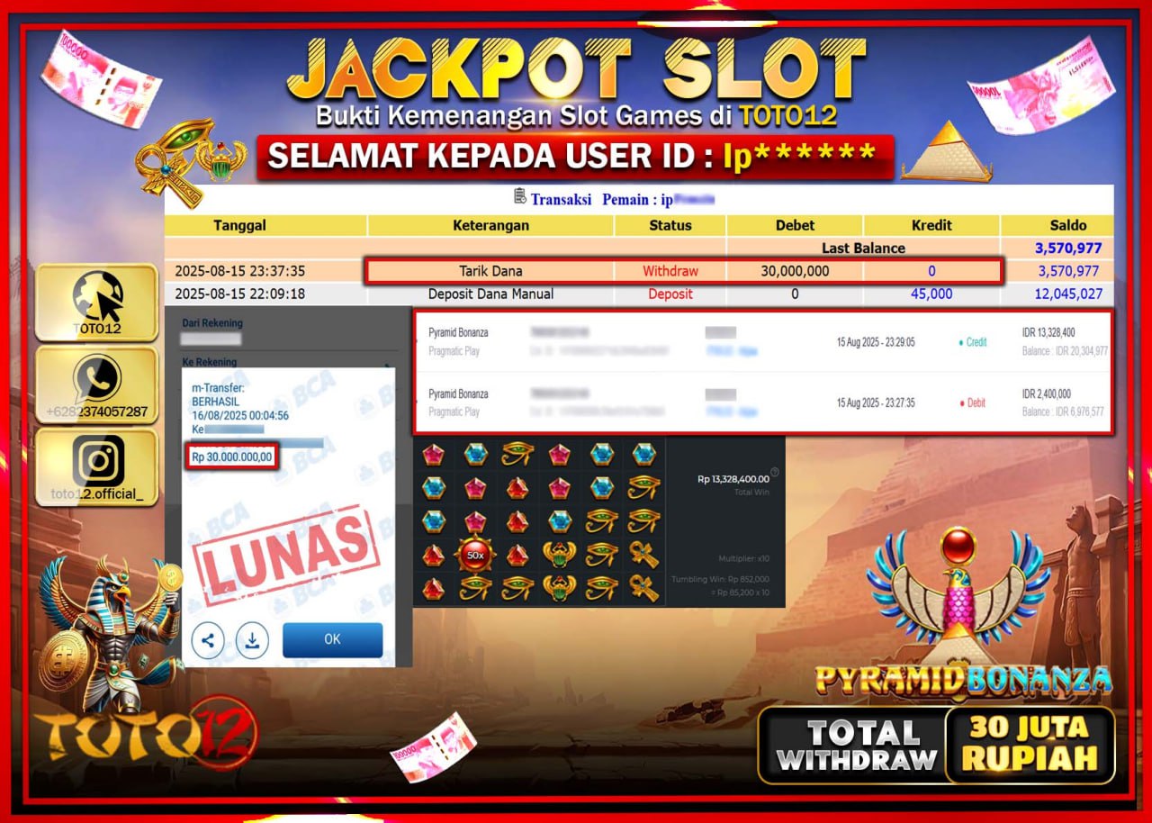 HANYA DI TOTO12 JP PASTI DI BAYAR LUNAS DAN CEPAT!!!!!! JACKPOT SLOT GAME (PYRAMID BONANZA) Rp.30.000.000 !!!!