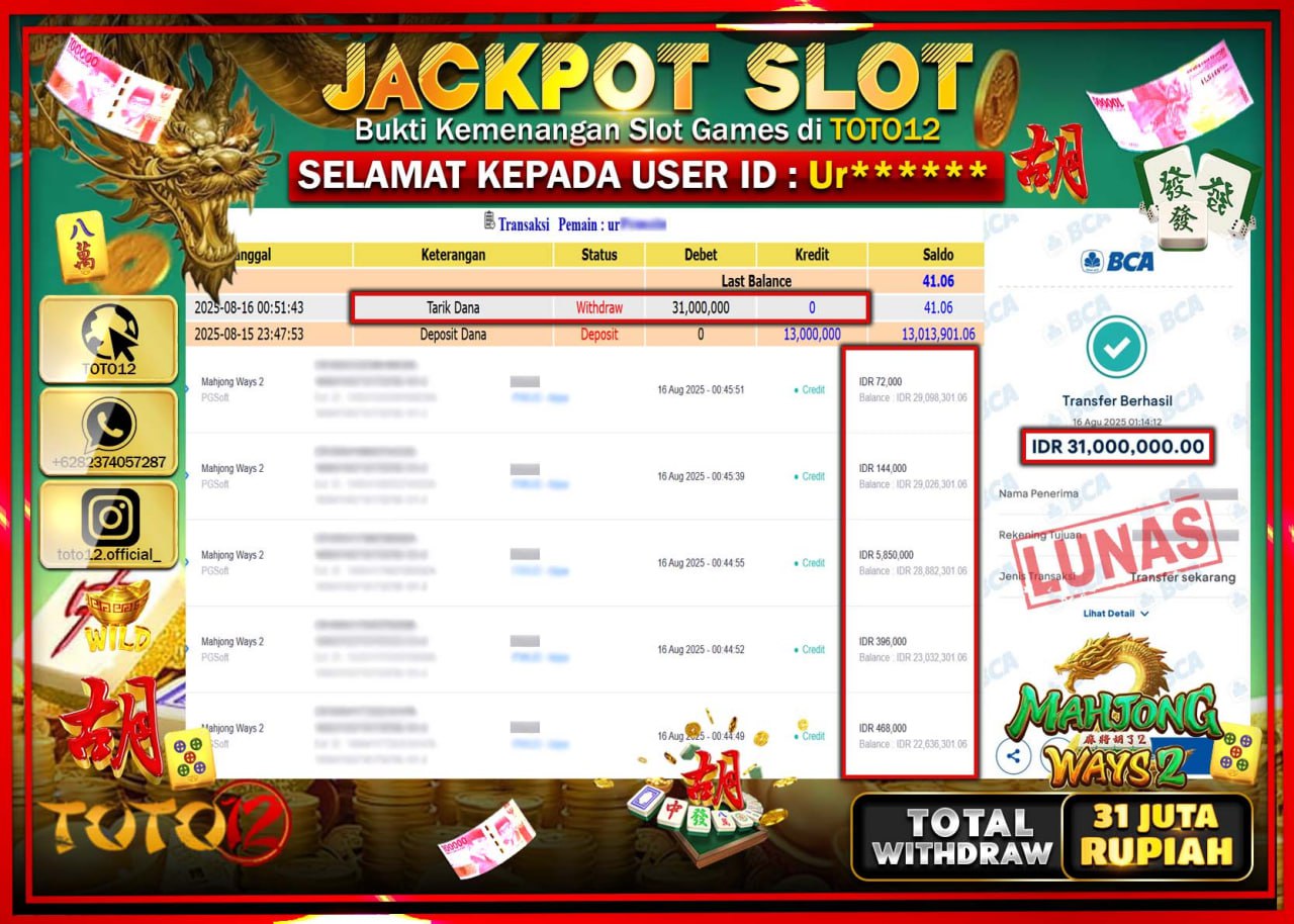 HANYA DI TOTO12 JP PASTI DI BAYAR LUNAS DAN CEPAT!!!!!! JACKPOT SLOT GAME (MAHJONG WAYS 2) Rp.31.000.000 !!!!
