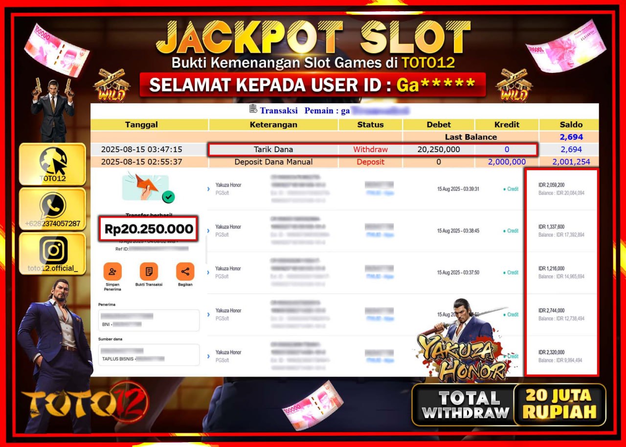 HANYA DI TOTO12 JP PASTI DI BAYAR LUNAS DAN CEPAT!!!!!! JACKPOT SLOT GAME (YAKUZA HONOR) Rp.20.250.000 !!!!