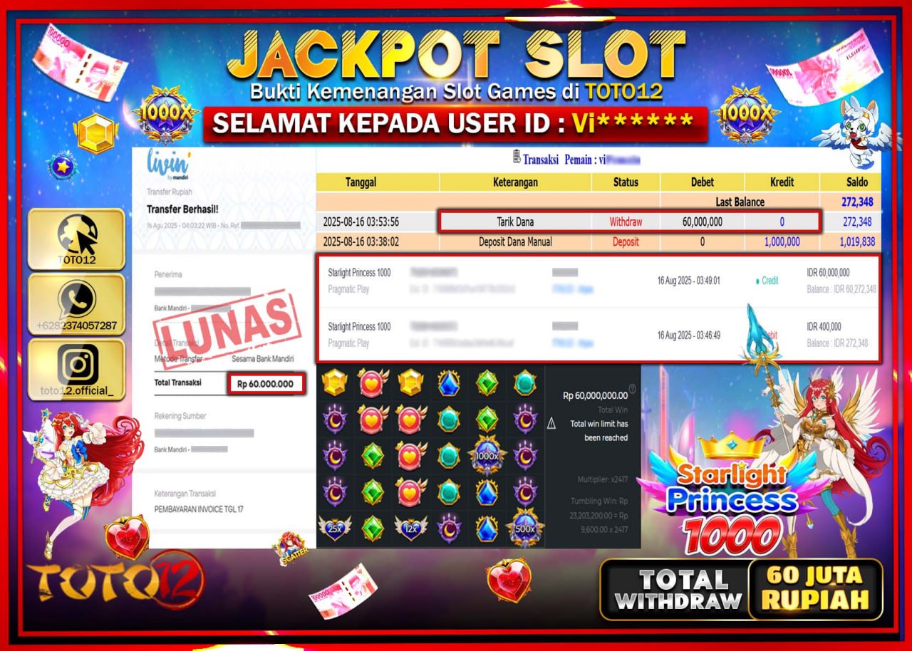 HANYA DI TOTO12 JP PASTI DI BAYAR LUNAS DAN CEPAT!!!!!! JACKPOT SLOT GAME (STARLIGHT PRINCESS 1000) Rp.60.000.000 !!!!