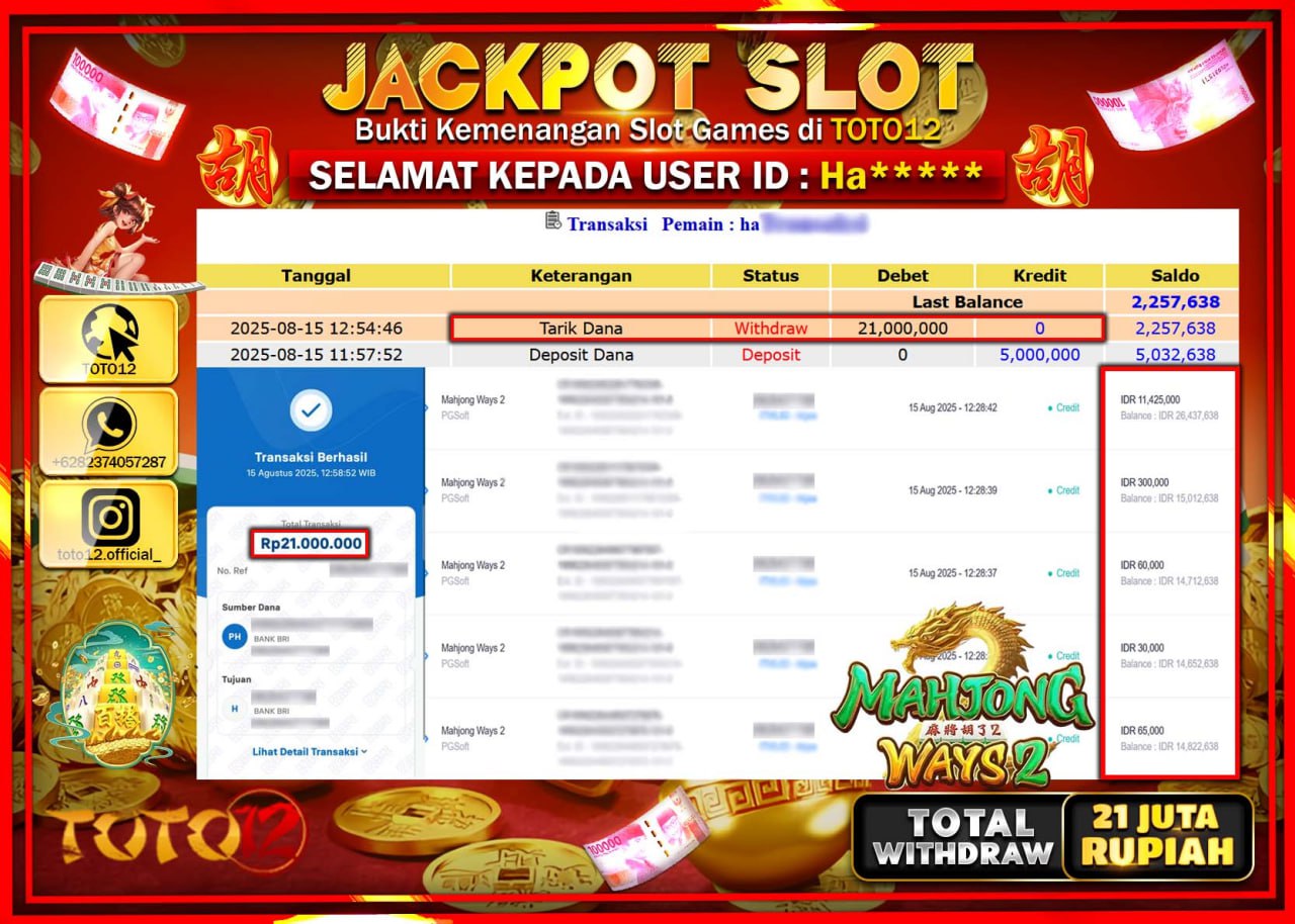 HANYA DI TOTO12 JP PASTI DI BAYAR LUNAS DAN CEPAT!!!!!! JACKPOT SLOT GAME (MAHJONG WAYS 2) Rp.21.000.000 !!!!