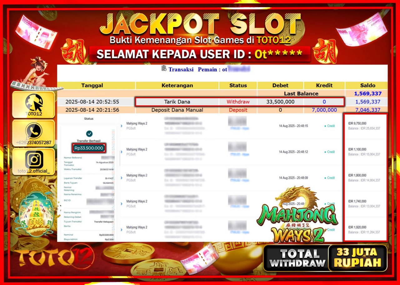 HANYA DI TOTO12 JP PASTI DI BAYAR LUNAS DAN CEPAT!!!!!! JACKPOT SLOT GAME (MAHJONG WAYS 2) Rp.33.500.000 !!!!