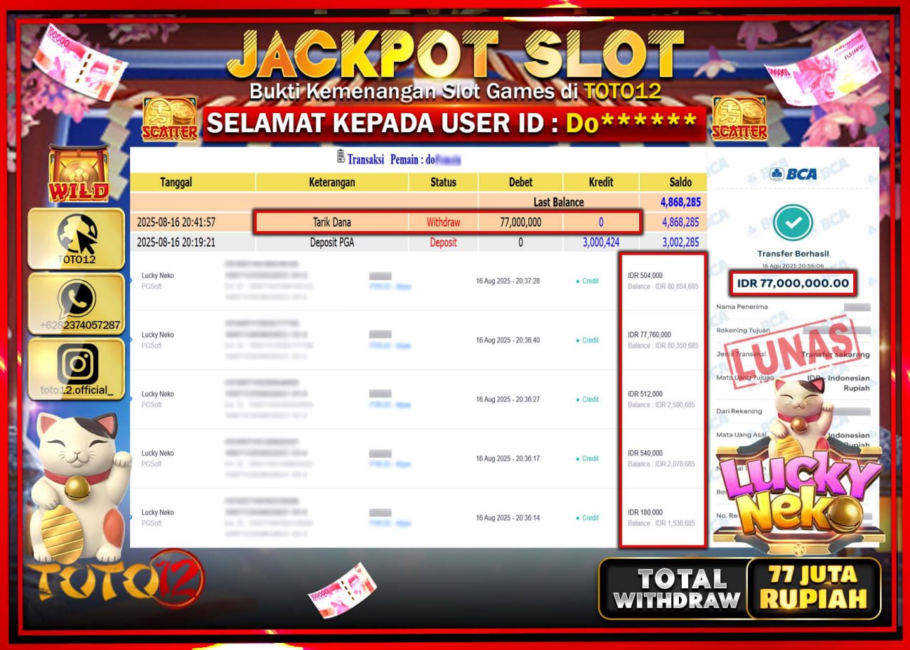 HANYA DI TOTO12 JP PASTI DI BAYAR LUNAS DAN CEPAT!!!!!! JACKPOT SLOT GAME (LUCKY NEKO) Rp.77.000.000 !!!!