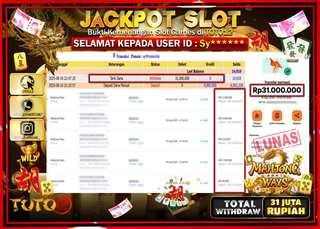 HANYA DI TOTO12 JP PASTI DI BAYAR LUNAS DAN CEPAT!!!!!! JACKPOT SLOT GAME (MAHJONG WAYS) Rp.31.000.000 !!!!